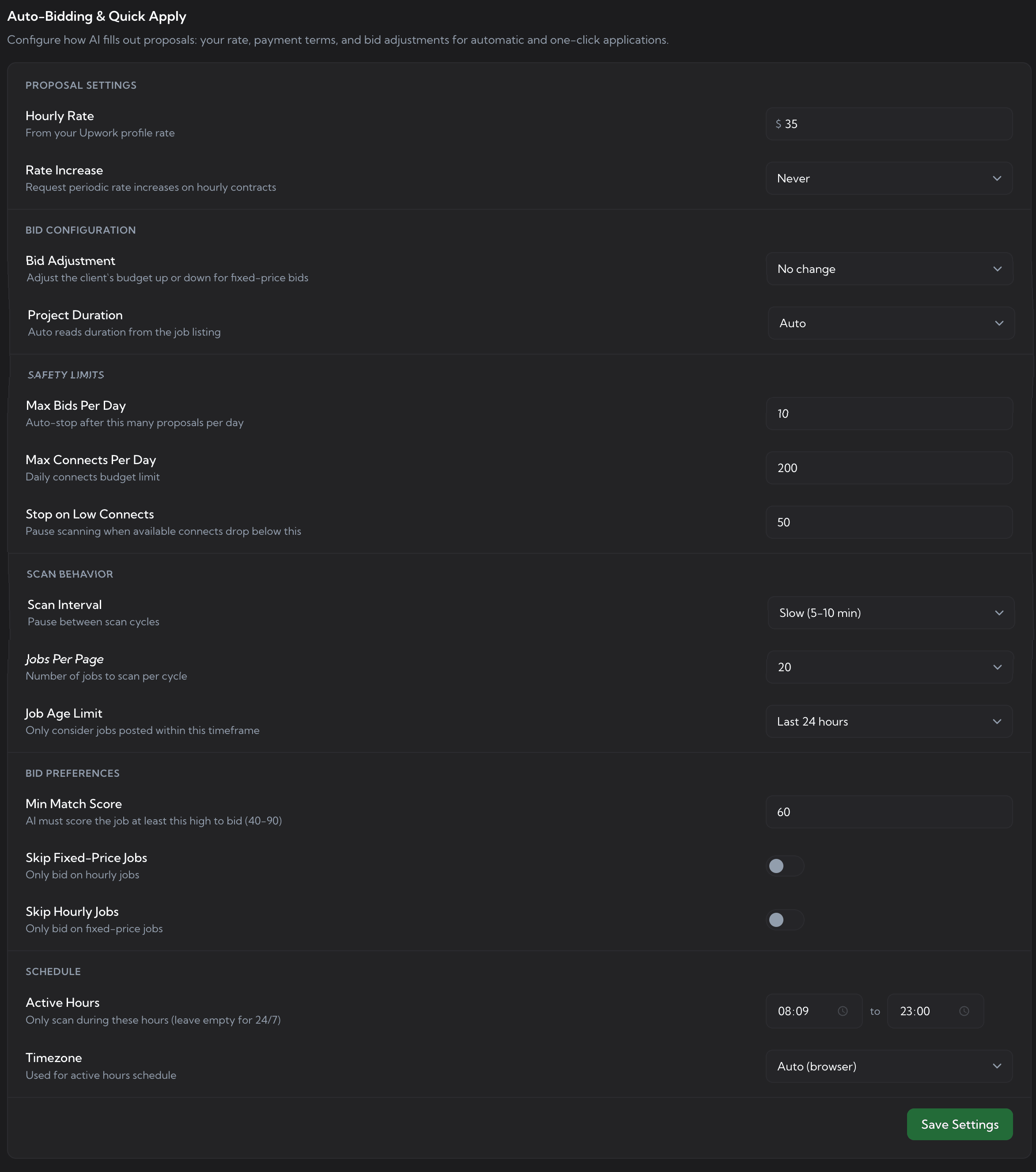 Upwex Auto-Bidding settings - grouped controls for proposal rate, bid configuration, safety limits (max bids and connects per day), scan behavior, feed preferences (minimum match score) and an active-hours schedule