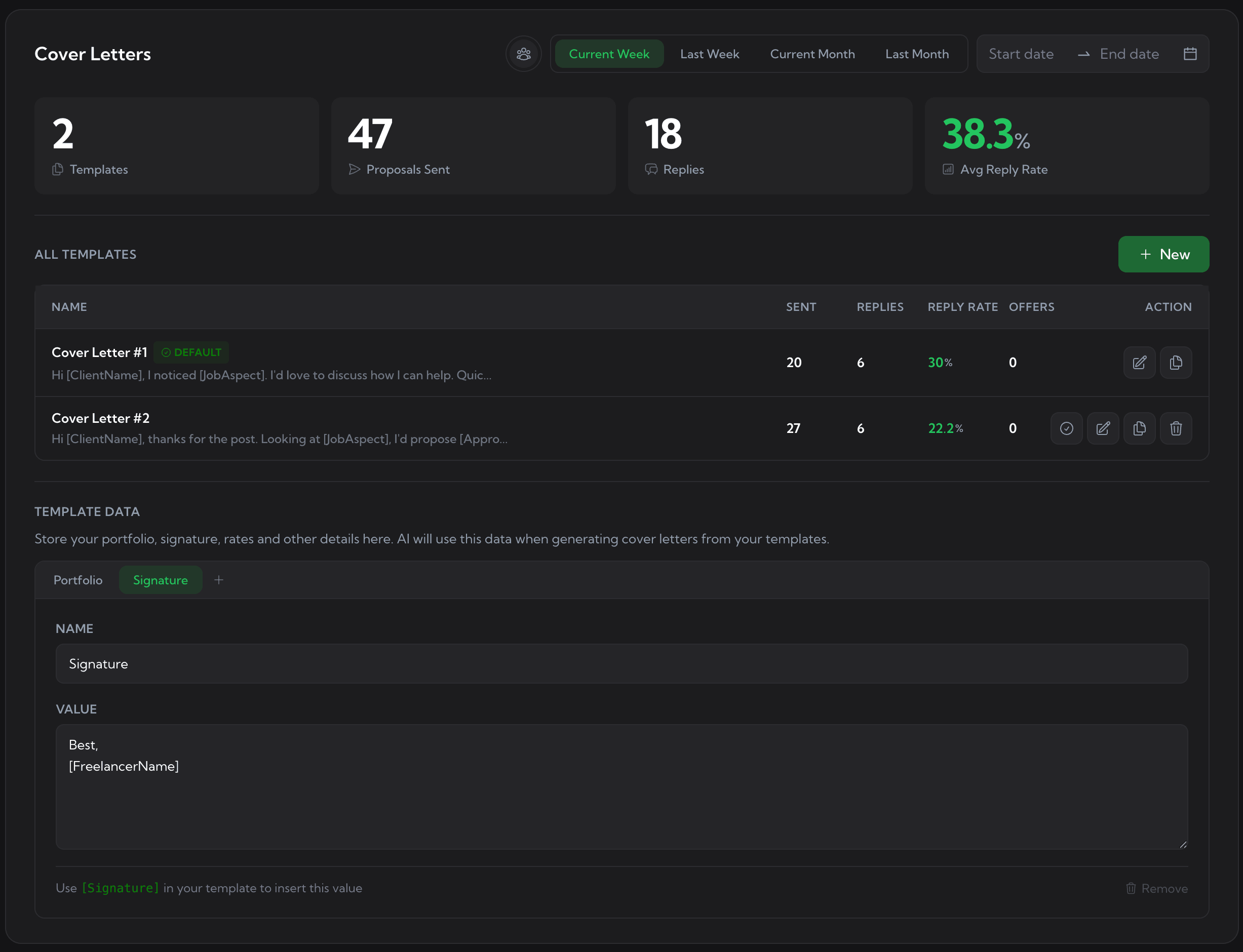 Cover Letter Templates dashboard
