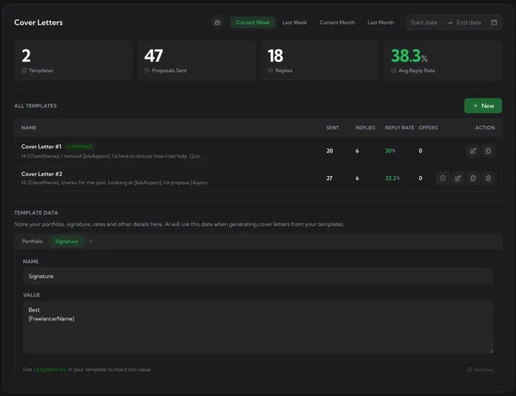 Cover Letter Templates dashboard