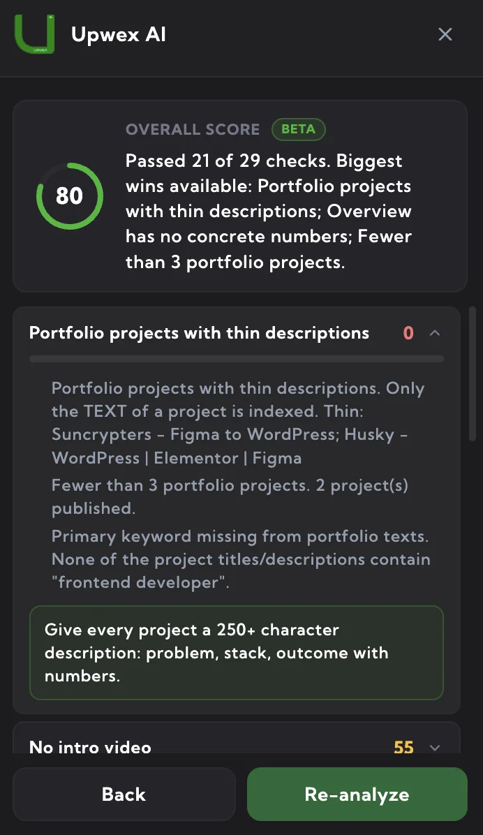 An opened failed check in the Upwex widget quoting the freelancer's own portfolio items