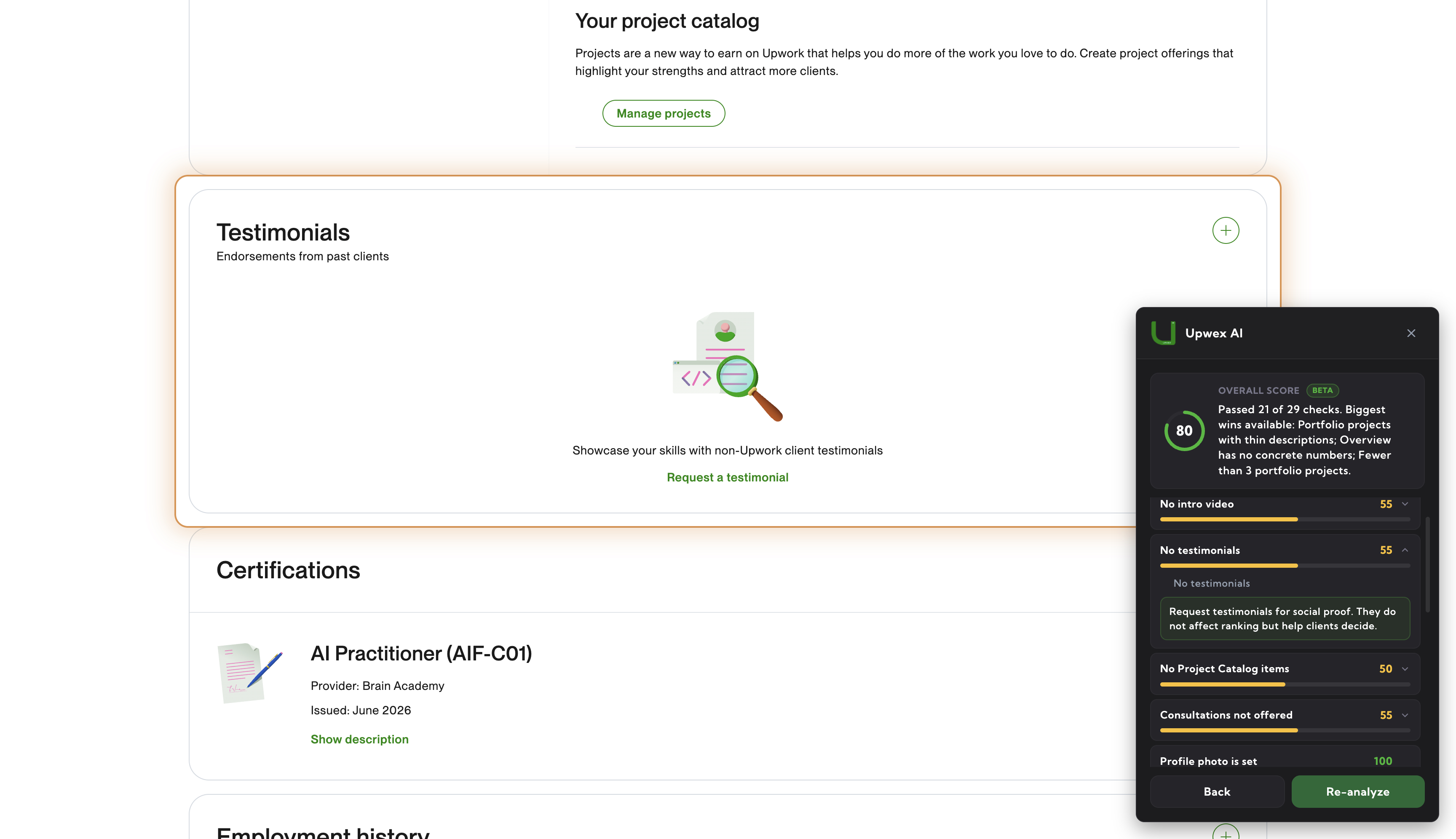 Upwork Profile Optimization Tool: testimonials